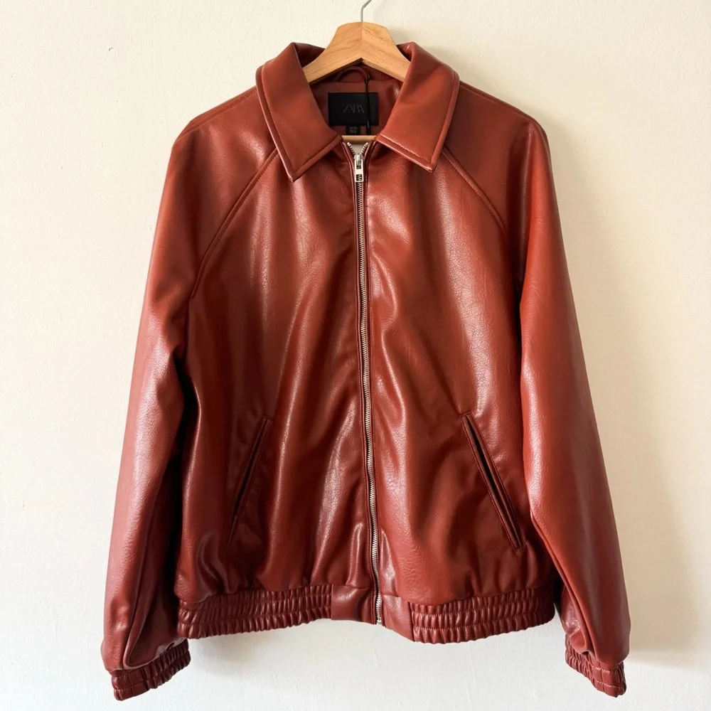 Zara Women's Brown Faux‎ Leather Bomber Jacket Size Small